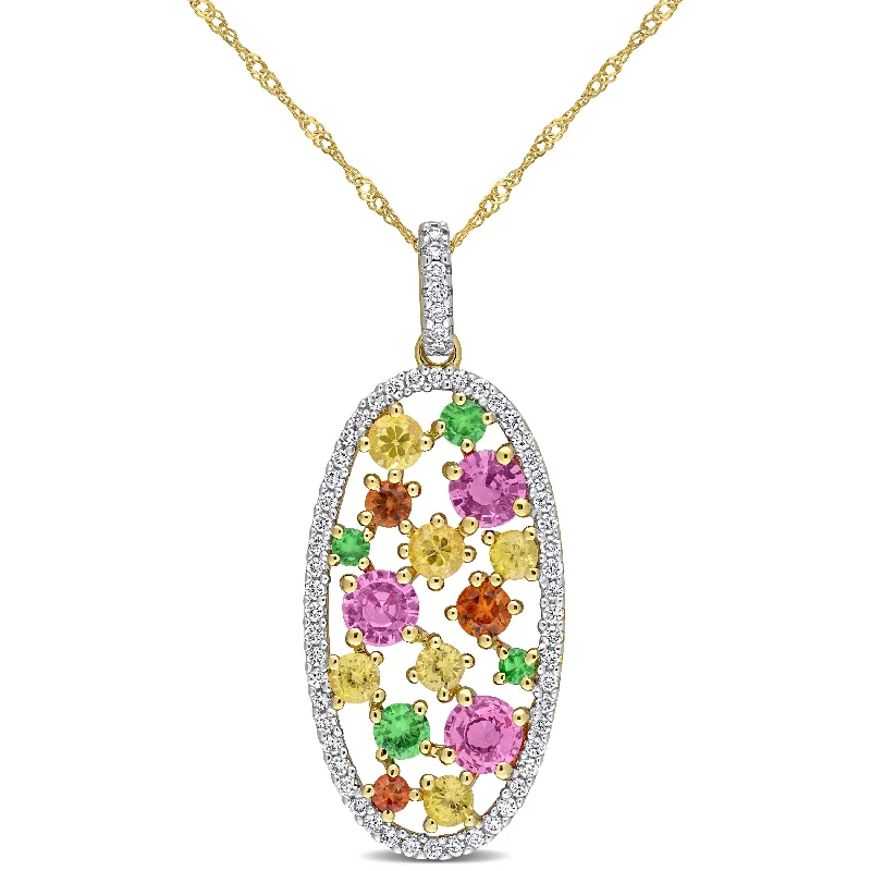 Women gemstone studded necklaces -Miadora Sapphire and Tsavorite with 1/3ct TDW Diamond Oval Cluster Drop Necklace in 14k Yellow Gold