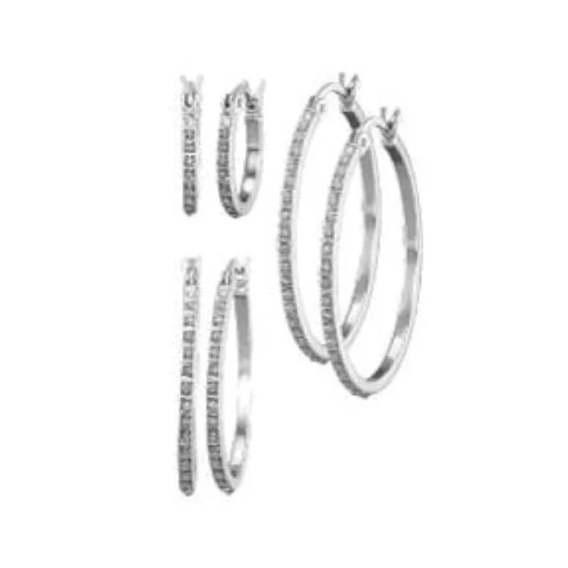 Women sparkly earrings -Platinum Plated Sterling Silver 15MM 20MM 30MM Diamond Accent Hoop Earrings