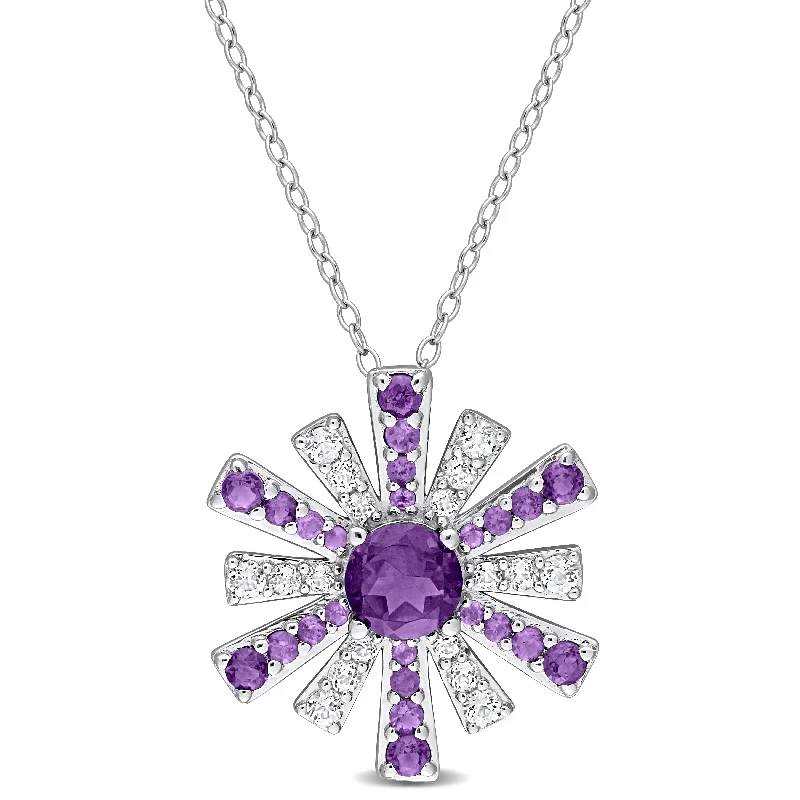 Women floral necklaces -Miadora African Amethyst and White Topaz Floral Necklace in Sterling Silver