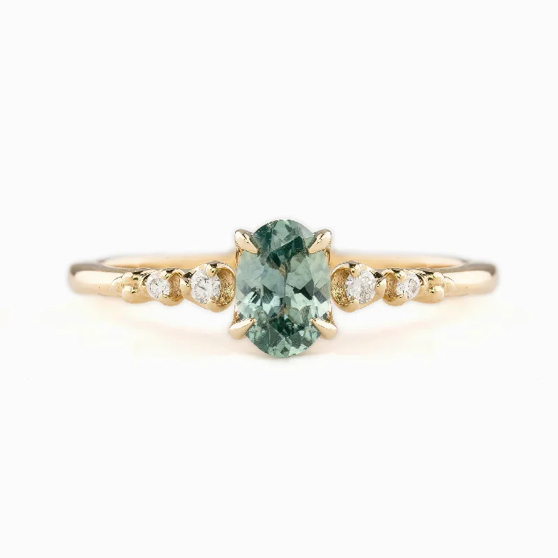 Women trendy stackable engagement rings -Estel Fleur Four Prongs Ring, 0.60ct Blue Green Montana Sapphire, 14k Yellow Gold