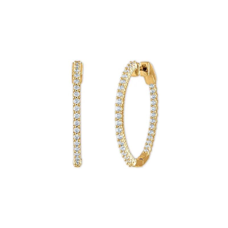 Women elegant earrings -1 CTW Diamond In & Out Hoop Earrings in 14KT Yellow Gold Plated Sterling Silver