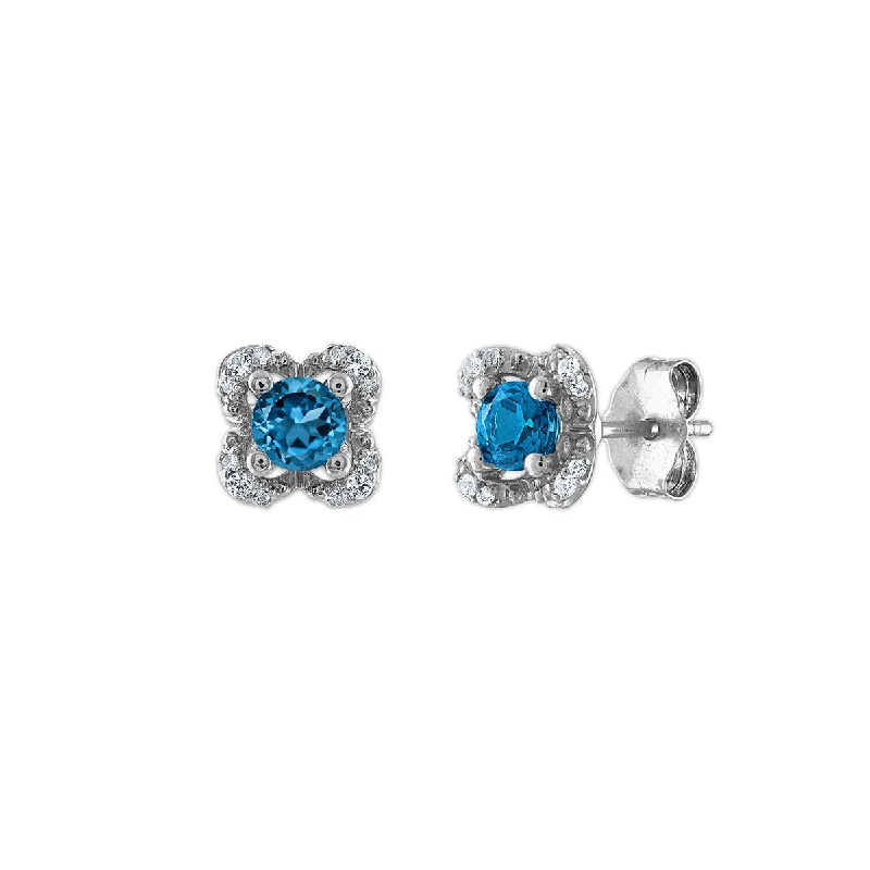 Women luxurious earrings -4MM Round Topaz and White Sapphire Birthstone Flower Halo Earrings in Sterling Silver