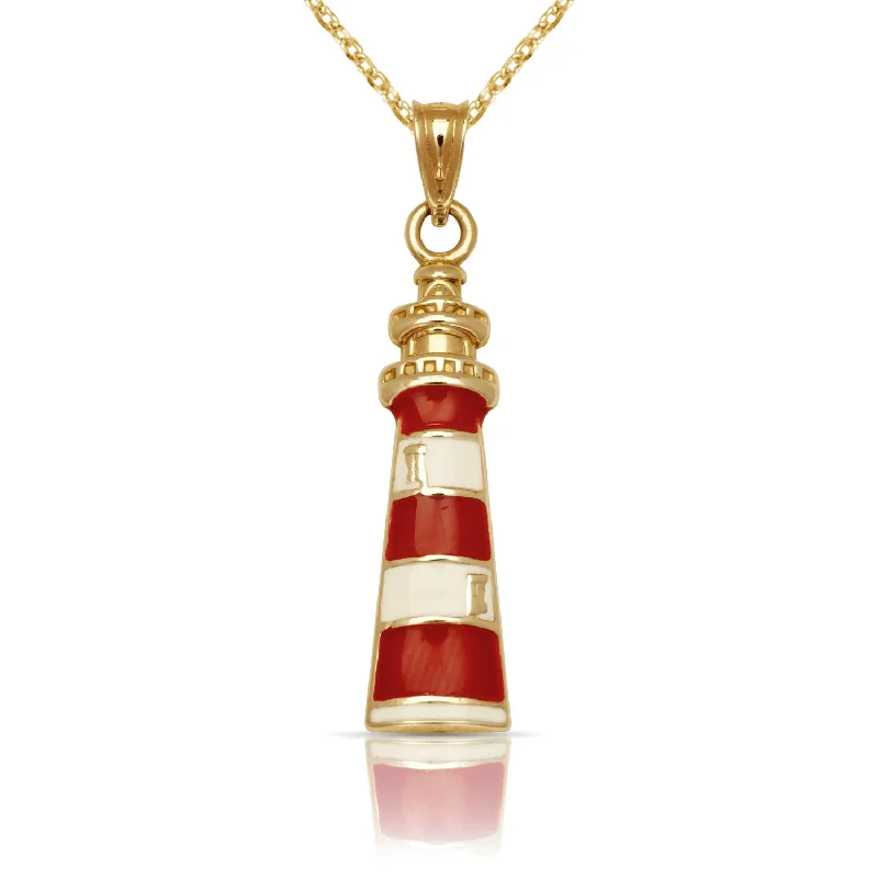 Women layered pendant necklaces -Curata 14K Yellow Gold 18" Red/White Enamel Lighthouse Pendant Necklace Necklace - Red