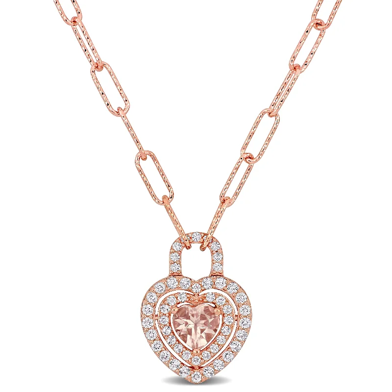 Women choker necklaces -Miadora Morganite and White Topaz Double Halo Heart Necklace in Rose Plated Sterling Silver