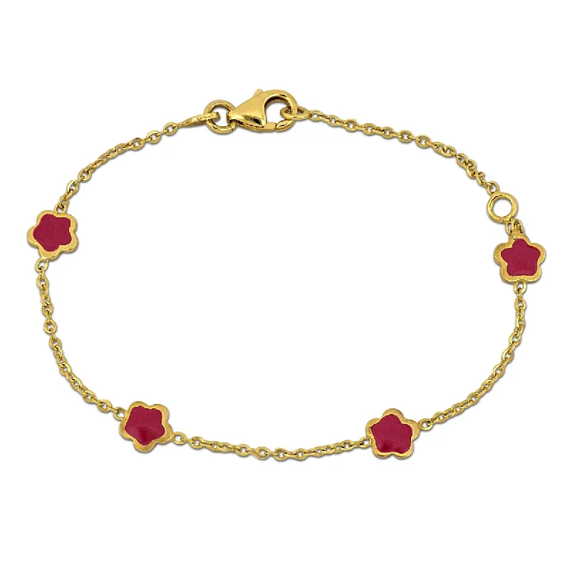 Women colorful gemstone bangles and bracelets -Miadora Red Enamel Flower Station Bracelet 14K Yellow Gold