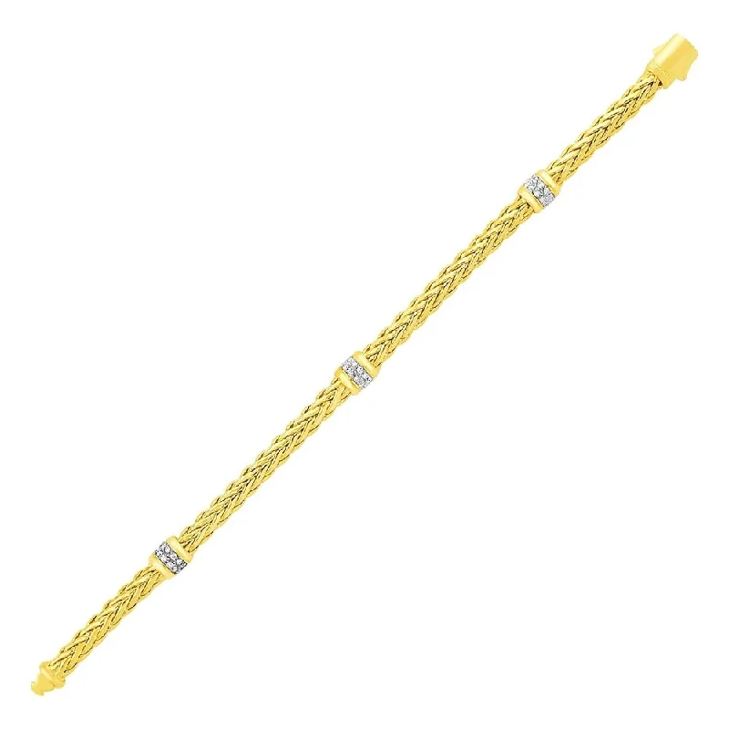 Women sterling silver bangles and bracelets -Polished Woven Rope Bracelet with Diamond Accents in 14k Yellow Gold