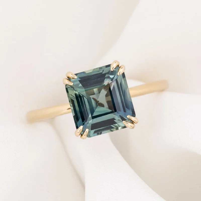 Women floral engagement rings -Athena Ring 3.36ct Parti Blue Green Madagascar Sapphire, 14k Yellow Gold (One of a kind)