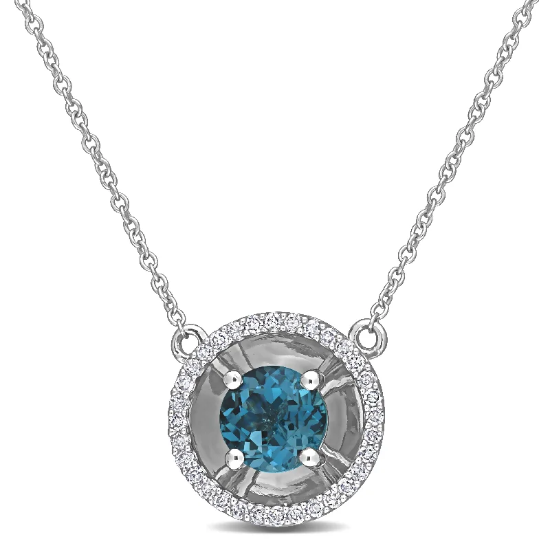 Women charm and gemstone necklaces -Miadora London-Blue Topaz and 1/6ct TDW Diamond Halo Station Necklace in 10k White Gold