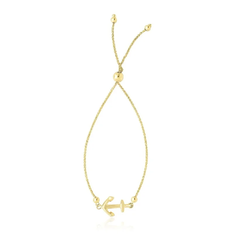 Women custom engraved bangles and bracelets -14k Yellow Gold Anchor Design Adjustable Lariat Bracelet