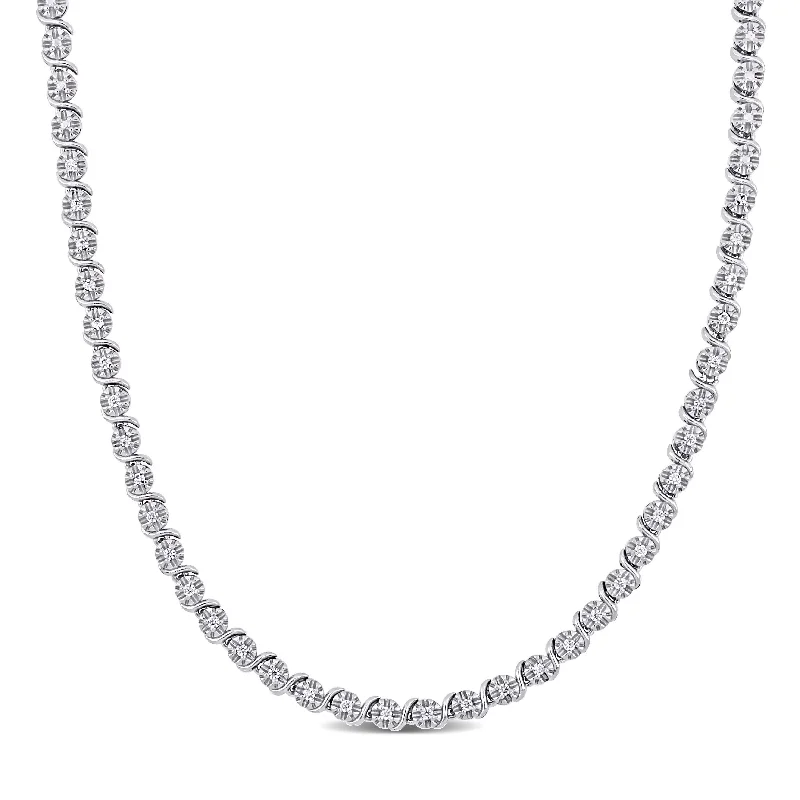 Women crystal-encrusted necklaces -Miadora 1ct TGW Cubic Zirconia Tennis Necklace in Sterling Silver - 17 in x 4.3mm x 2.8 mm