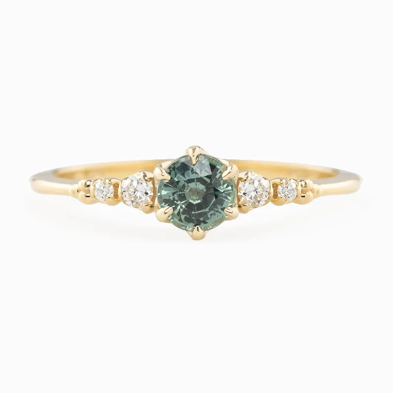 Women pearl and gold engagement rings -Estel Fleur Six Prongs Ring 4.7mm 0.55ct Blue Green Round Unheated Sapphire, 14k Yellow Gold