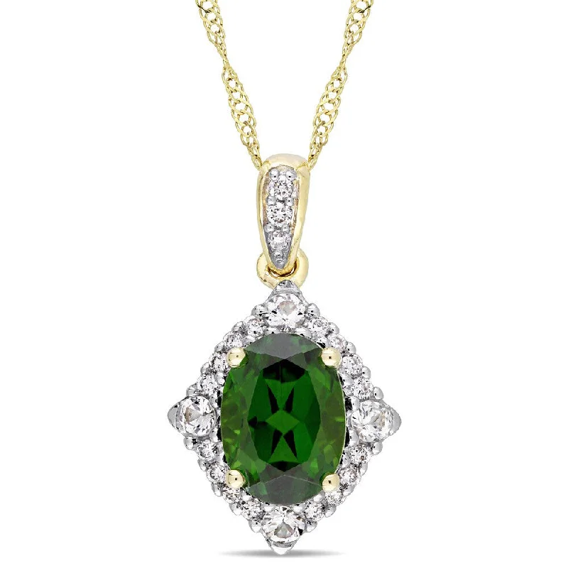 Women stacked necklaces -Miadora Signature Collection 14k Yellow Gold Chrome Diopside White Sapphire 1/10ct TDW Diamond Halo Necklace - Green