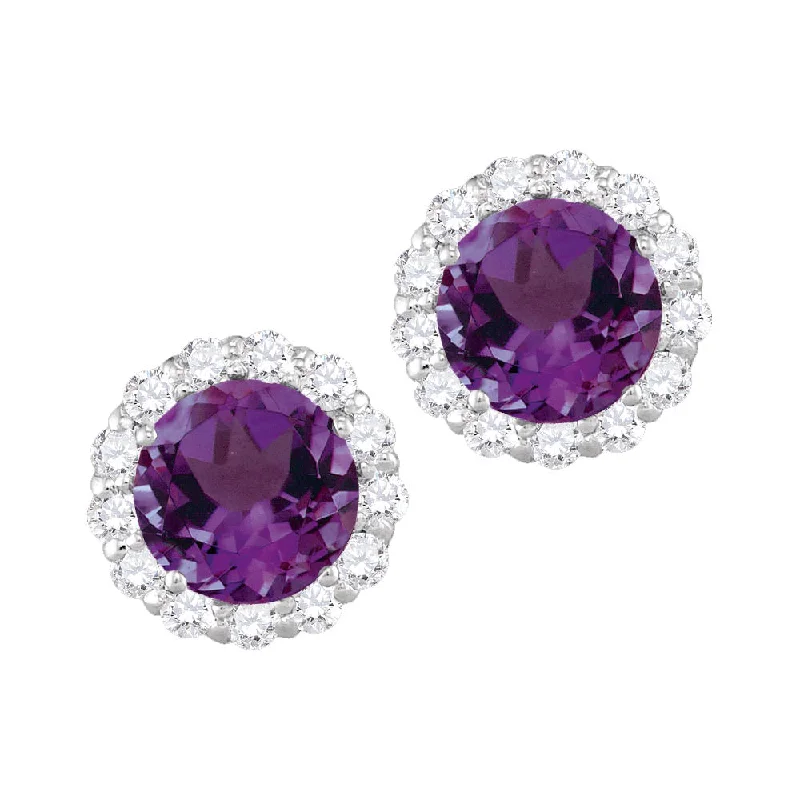 Women sparkly earrings -6MM Round Amethyst and White Sapphire Birthstone Halo Stud Earrings in 10KT White Gold