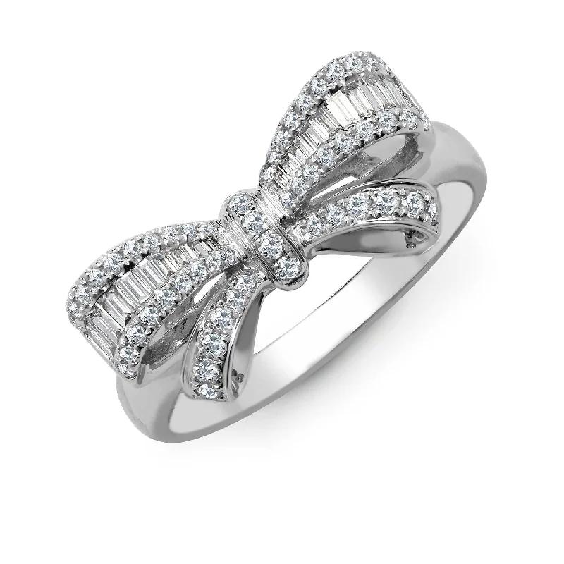 Women trendy engagement rings -18ct White Gold 0.46ct Diamond R.B.C & Baguette Bow Ring