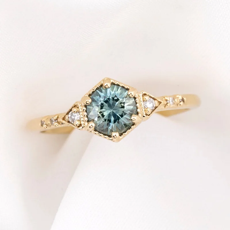 Women minimalist engagement rings -Agatha Ring 0.75ct Light Blue Green Montana Sapphire, 14k Yellow Gold (One of a kind)