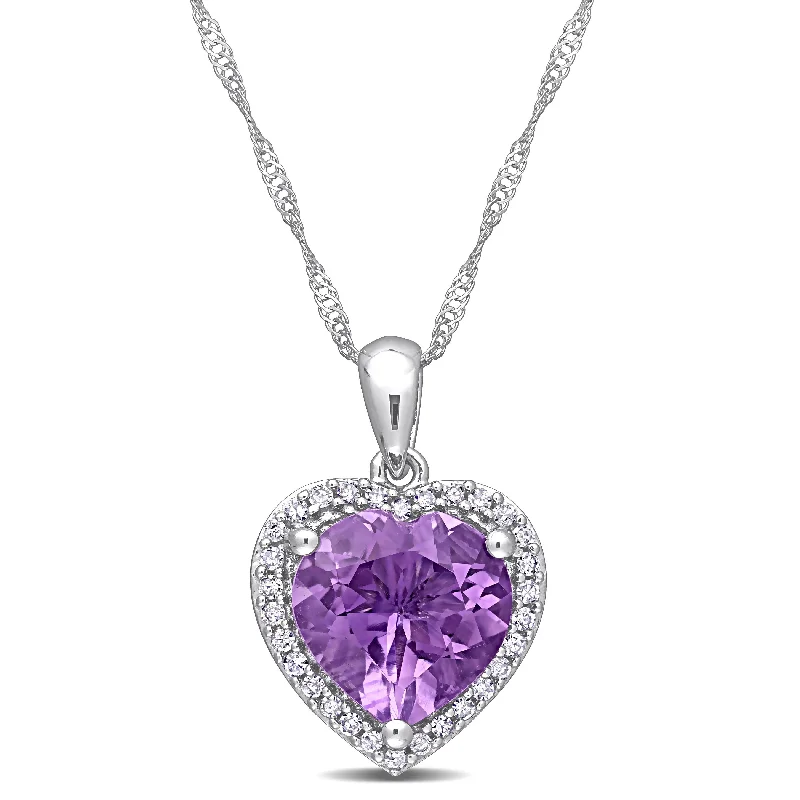 Women charm and gemstone necklaces -Miadora 10k White Gold Amethyst and 1/8ct TDW Diamond Heart Halo Necklace