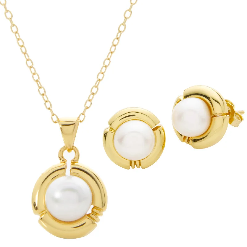 Women silver pendant necklaces -Pearl Earring & Necklace Set - Gold Overlay