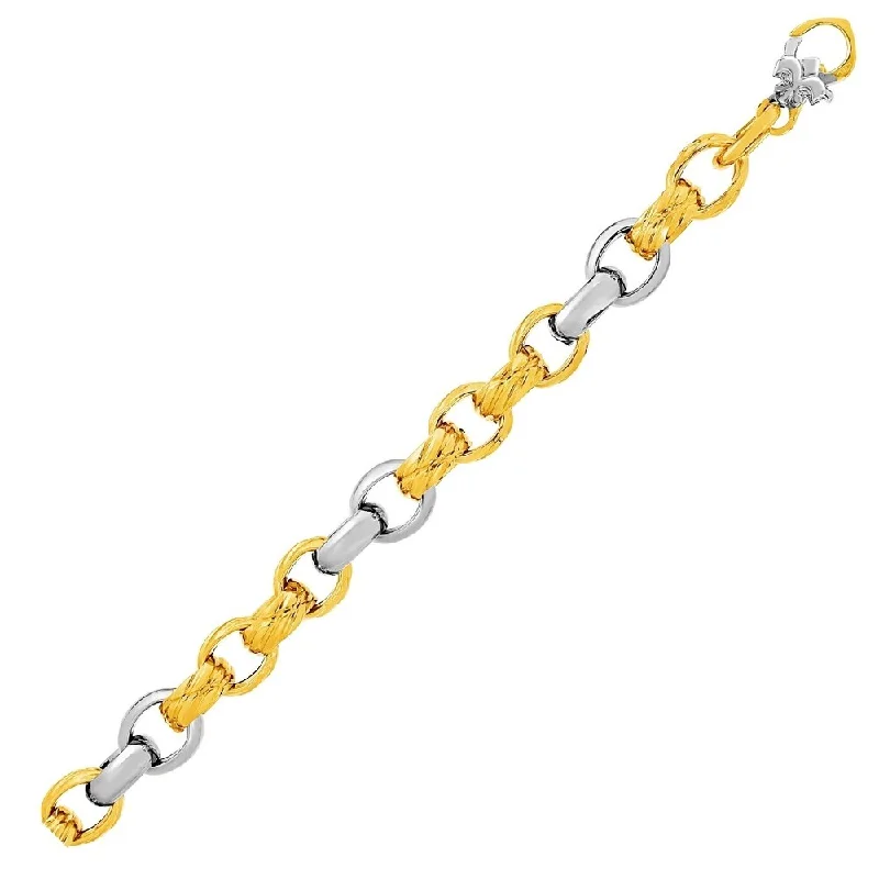 Women beaded charm bangles and bracelets -14k Two-Tone Yellow and White Gold Textured Rounded Link Bracelet