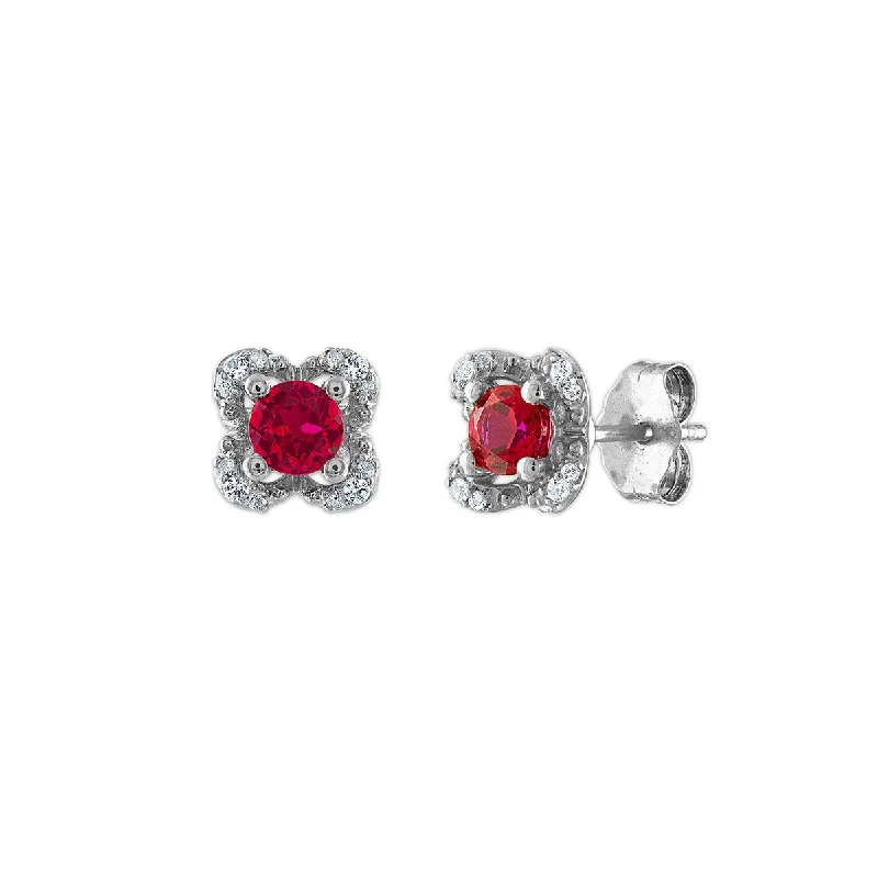 Women gold hoop earrings -4MM Round Ruby and White Sapphire Birthstone Flower Halo Earrings in Sterling Silver