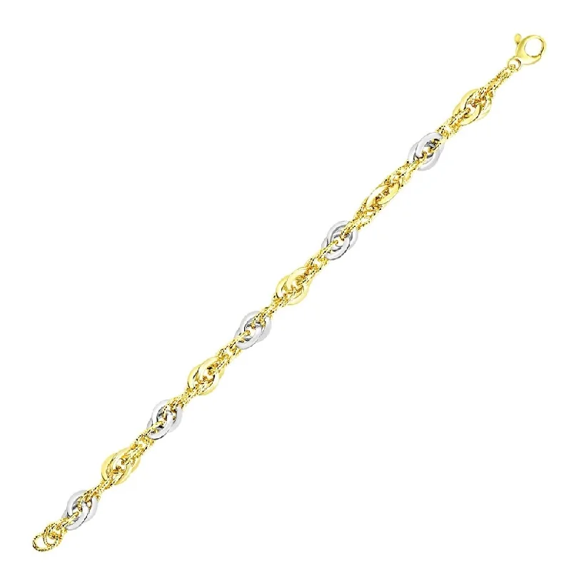 Women pearl and diamond bangles and bracelets -14k Two-Tone Gold Interlaced Smooth and Textured Link Bracelet