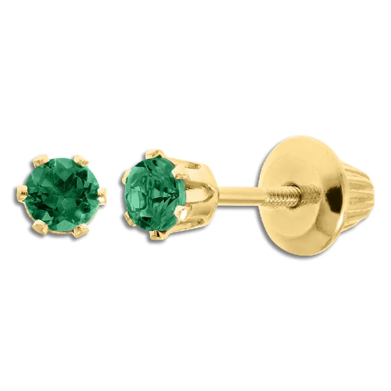 Women trendy earrings -Kiddie Kraft 14KT Yellow Gold Round Emerald Childrens Birthstone Stud Earrings