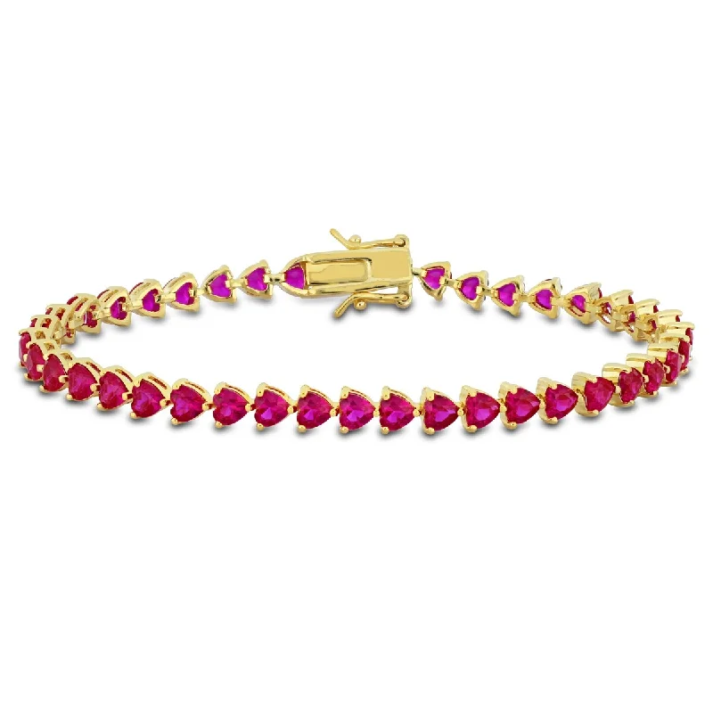 Women gemstone and silver bangles and bracelets -Miadora 12 1/3ct TGW Created Heart-Cut Ruby Bracelet Yellow Silver-7.5 in.