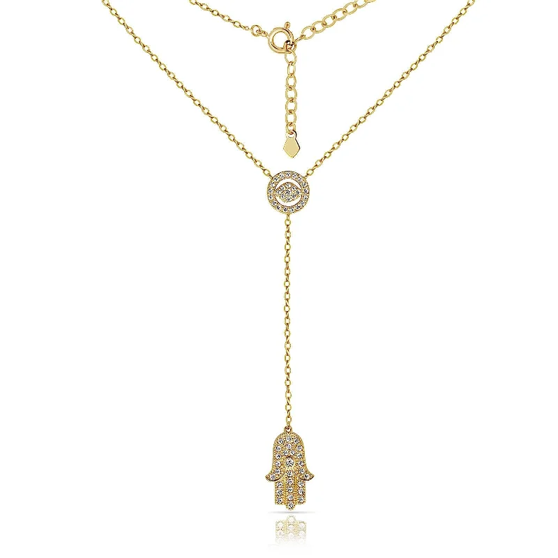 Women delicate gold necklaces -Curata Solid 14K Gold 18-inch Cubic Zirconia Evil Eye and Hamsa Lariat Necklace (yellow or white)