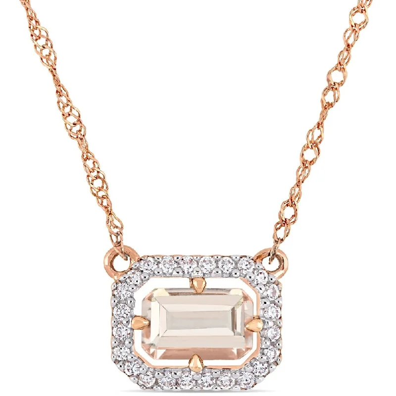 Women trendy crystal necklaces -Miadora 14k Rose Gold Morganite and 1/10ct TDW Diamond Halo Station Necklace