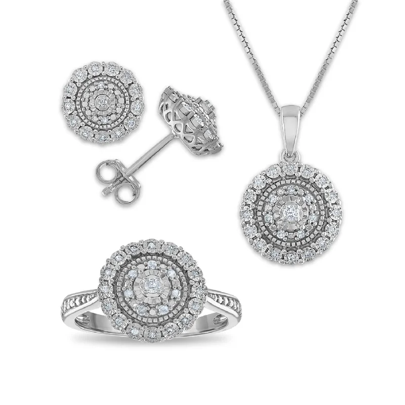 Women floral stud earrings -1/3 CTW Diamond Halo Ring Pendant Earrings Set in Sterling Silver