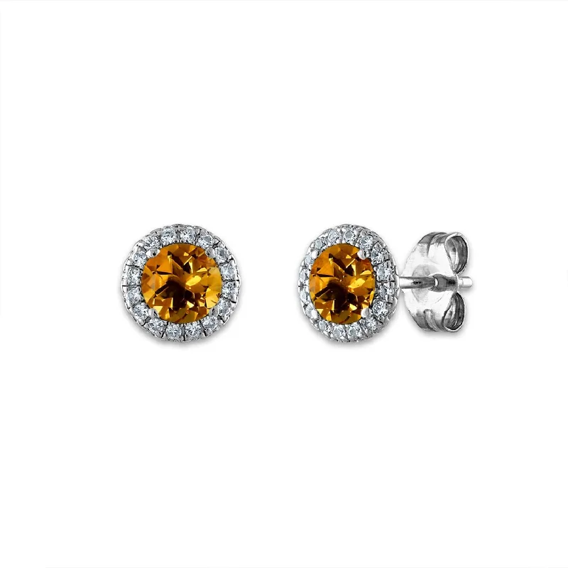 Women gemstone stud earrings -5MM Round Citrine and White Sapphire Birthstone Earrings in Sterling Silver