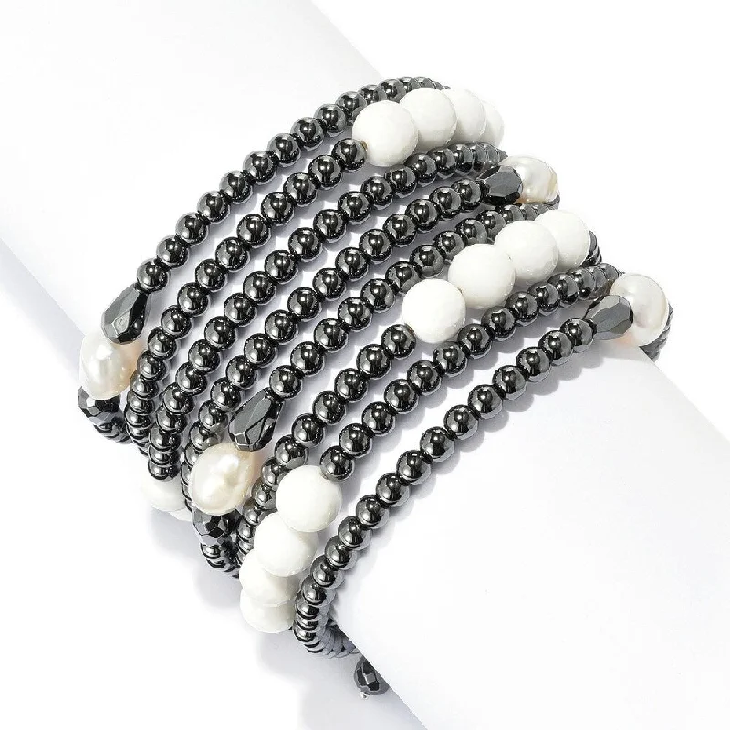 Women classic silver bangles and bracelets -10 x 8mm Cultured Pearl, Hematite Beaded Wrap Bracelet