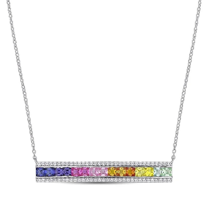 Women friendship necklaces -Miadora Sterling Silver Multi-color Created Sapphire Station Bar Necklace