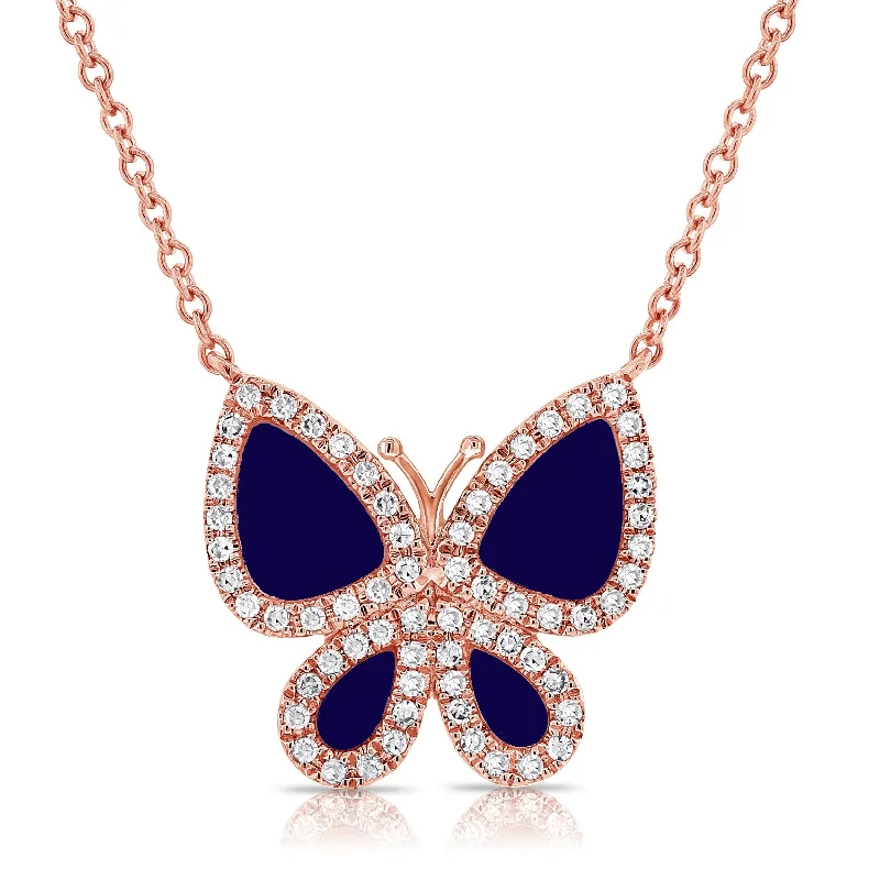 Gold necklaces for women -Joelle Lapis & Diamond Butterfly Pendant Necklace 14K Rose Gold