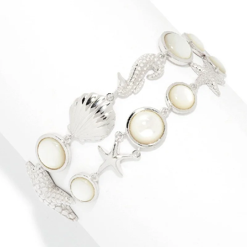 Women vintage charm bangles and bracelets -Sterling Silver White Mother-of-Pearl Sea Life 2-Row Bracelet