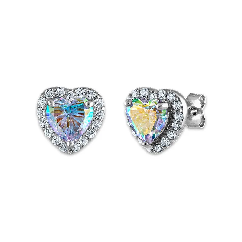 Women dangling gemstone earrings -Sterling Silver 6MM Heart Shape Cubic Zirconia Halo Stud Earrings