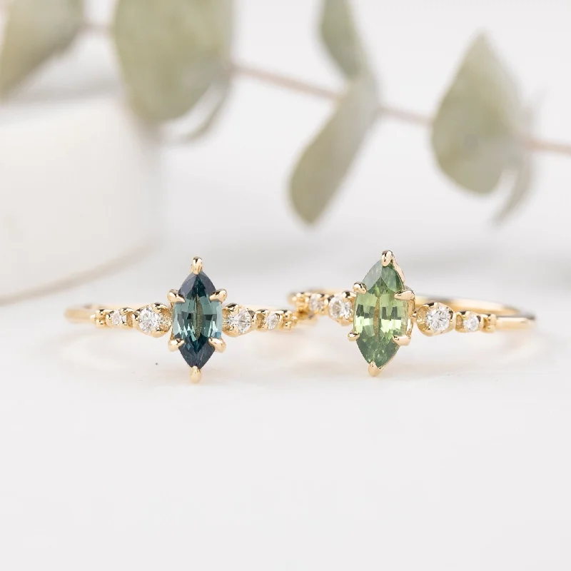 Women vintage engagement rings -Estel Fleur Ring, Blue Green Sapphire, 14K Yellow Gold (One of a kind)