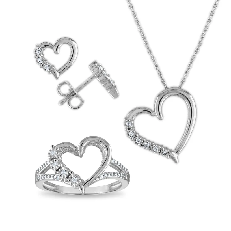 Women custom earrings -1/6 CTW Diamond Heart Box Set Ring Earrings 18-inch Pendant in Sterling Silver