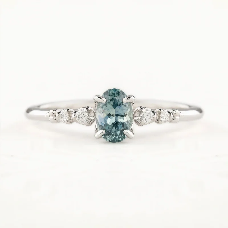 Women classic engagement rings -Estel Fleur Four Prongs Ring, 0.60ct Blue Green Montana Sapphire, 14k White Gold