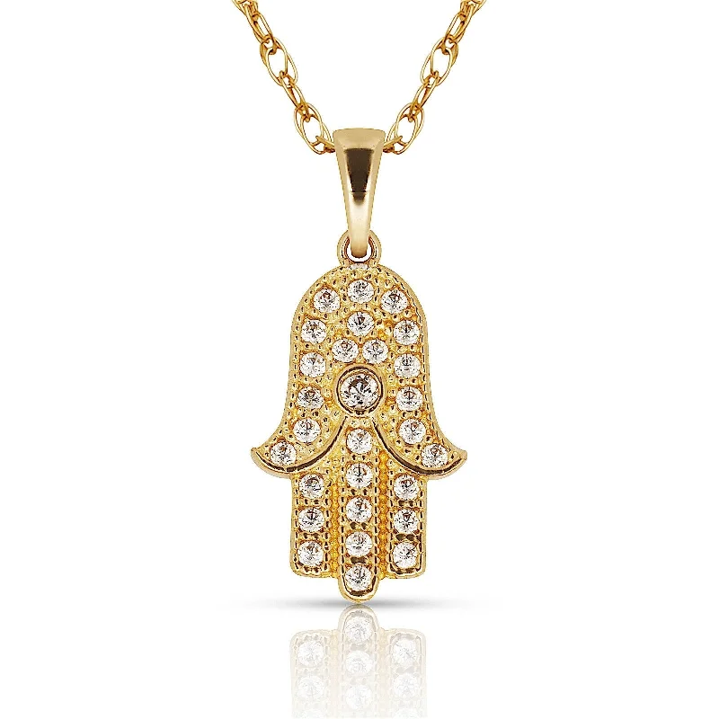 Women luxury pearl necklaces -Curata 14K Gold 18" Cubic Zirconia Small Hamsa Hand of God Pendant Necklace