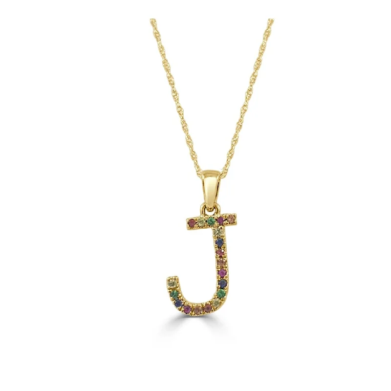 Women multi-stone necklaces -Joelle 14K Yellow Gold Rainbow Multi-Sapphire Letter J Initial Necklace