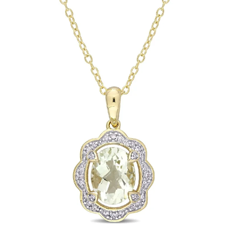 Women engraved necklaces -Miadora Yellow Plated Sterling Silver Green Amethyst and 1/10ct TDW Diamond Floral Halo Necklace