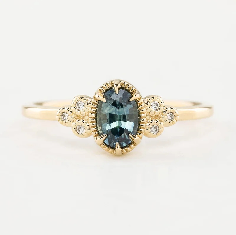 Women beaded engagement rings -Celine Ring 6x4mm 0.60ct Blue Green Montana Sapphire, 14k Yellow Gold