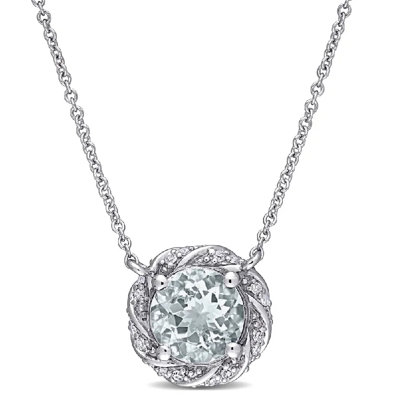 Women pearl necklaces -Miadora 10k White Gold Aquamarine and 1/8ct TDW Diamond Swirl Halo Station Necklace