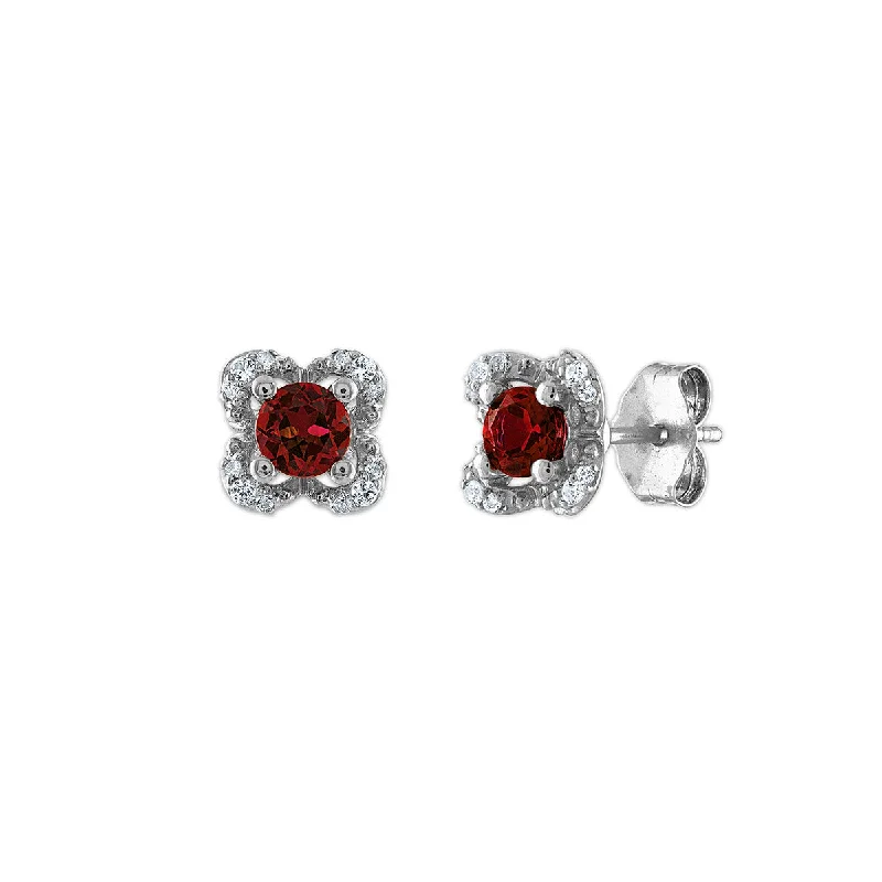 Women statement pearl earrings -4MM Round Garnet and White Sapphire Birthstone Flower Halo Earrings in Sterling Silver