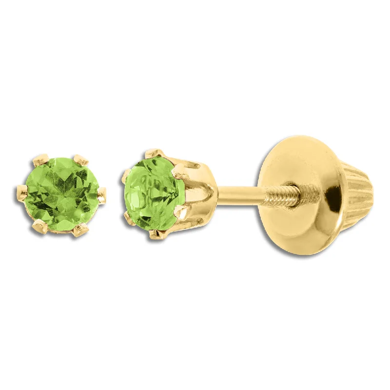 Women trendy hoop earrings -Kiddie Kraft 14KT Yellow Gold Round Peridot Childrens Birthstone Stud Earrings