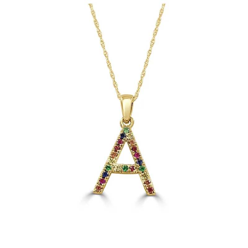 Women simple necklaces -Joelle 14K Yellow Gold Rainbow Multi-Sapphire Letter A Initial Necklace