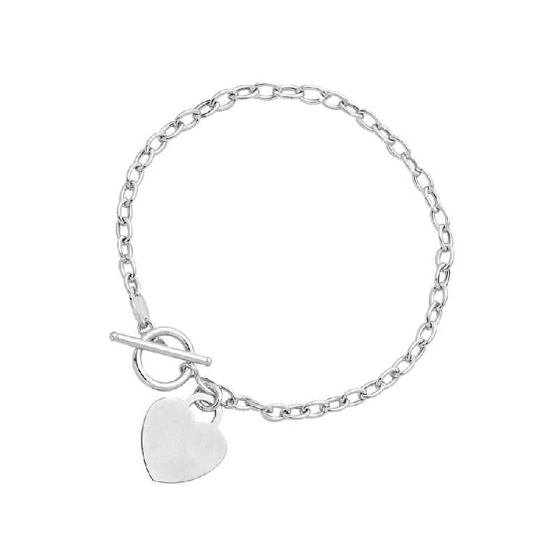 Women silver bangles and bracelets -Toggle Bracelet with Heart Charm in 14k White Gold