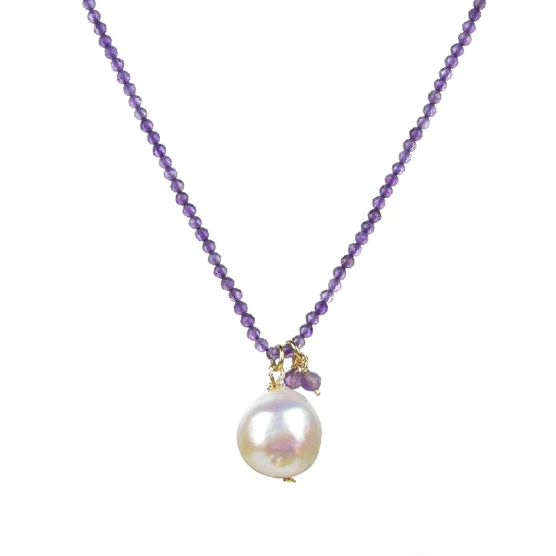 Women designer pendant necklaces -Gold Over Sterling Silver with Natural Amethyst and Pearl Necklace