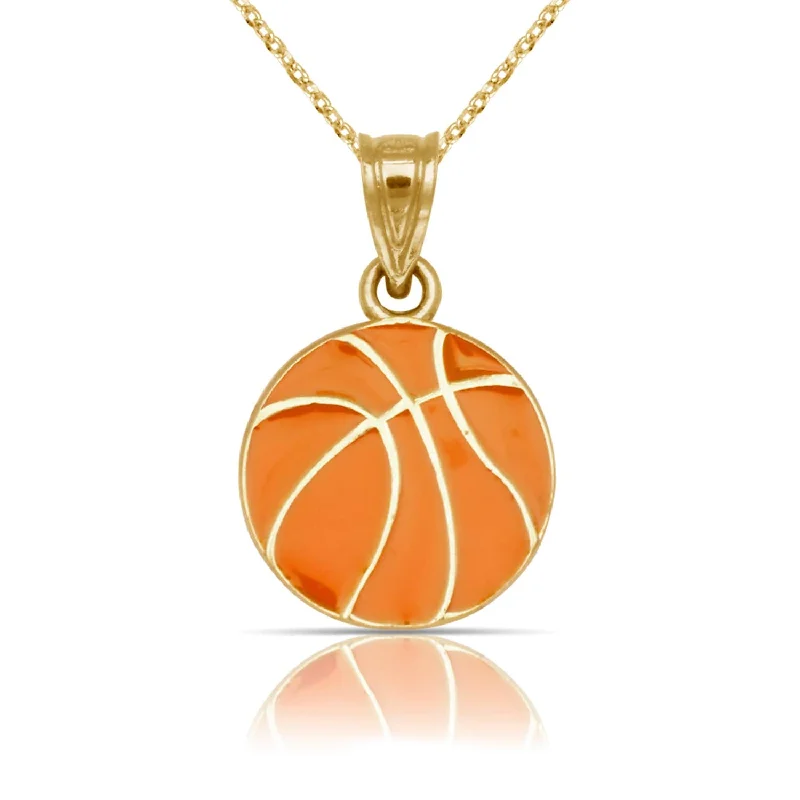 Women luxurious gemstone necklaces -Curata 14K Yellow Gold 18" Orange Enamel Flat Basketball Ball Pendant Necklace Necklace