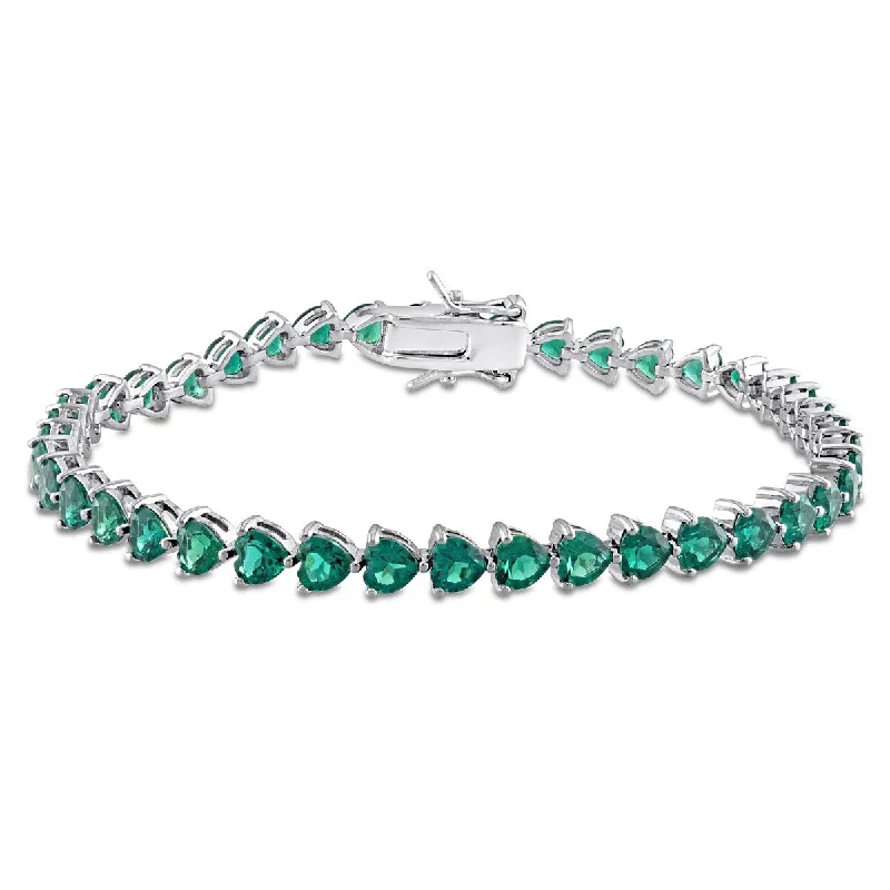 Women gemstone bangles and bracelets set -Miadora 9 3/8ct TGW Heart Shape Created Emerald Tennis Bracelet Sterling Silver